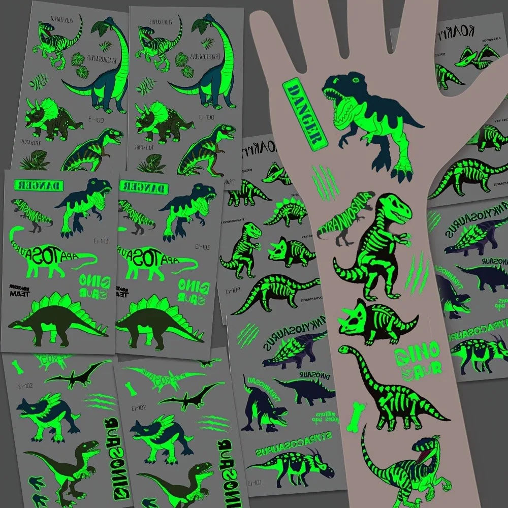 24 Sheets Luminous Dinosaur Temporary Tattoos, Waterproof Glow In The Dark T-Rex Pterosaur Velociraptor Triceratops Stegosaur De Qme
