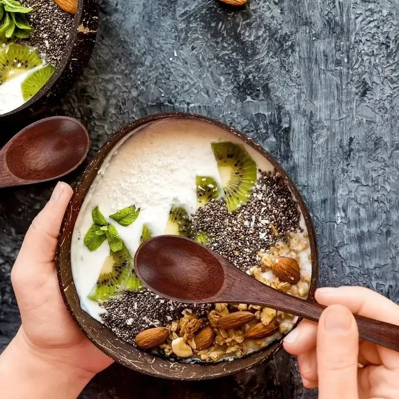 Natural Coconut Bowls And Wooden Spoon Sets Reusable Coconut Shell Bowls For Dessert Yogurt Fruit Salad Kitchen Tableware Qme