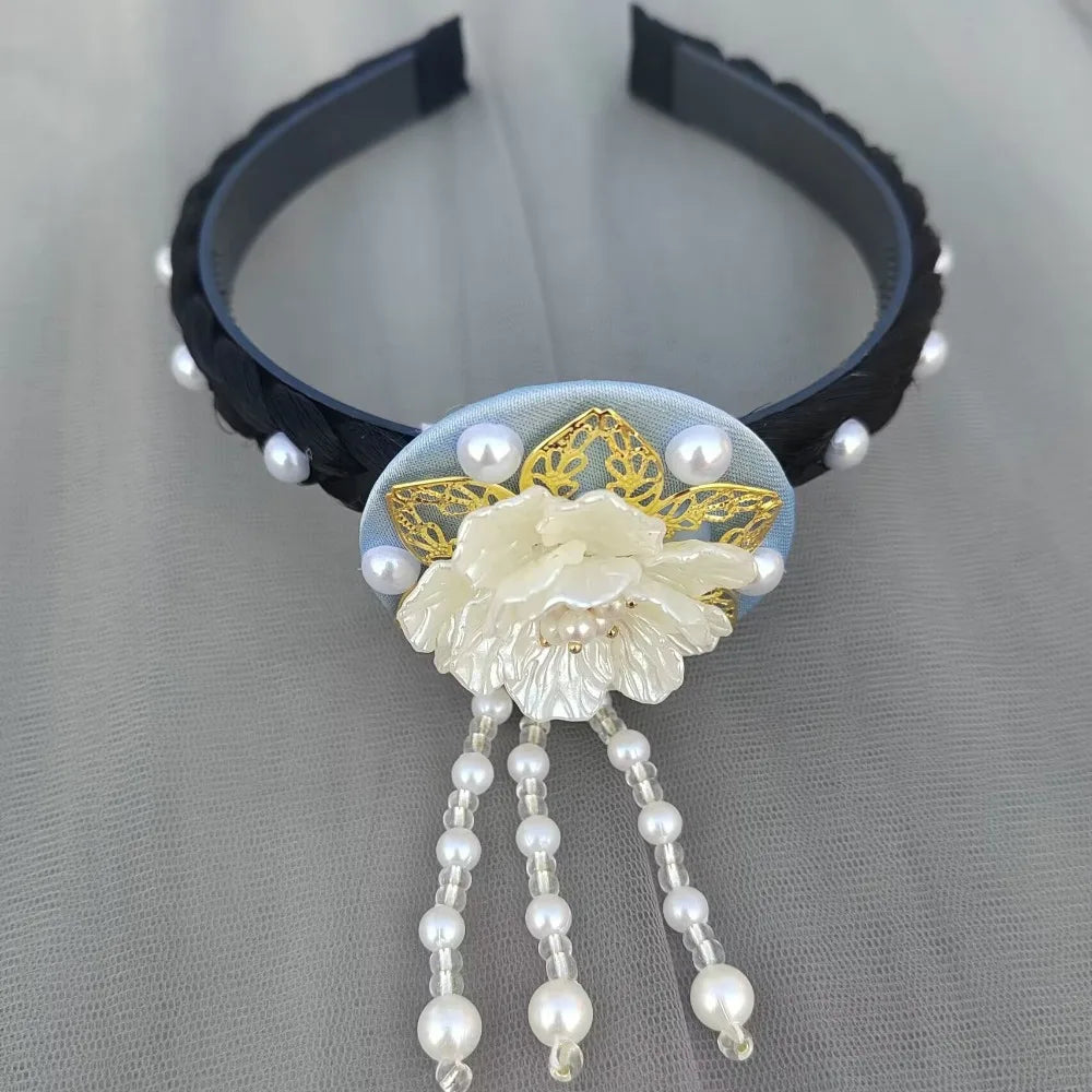 Fashion Flower Korean Headband Tassel Beaded Hanbok Hairband Pearl Qme Light Blue