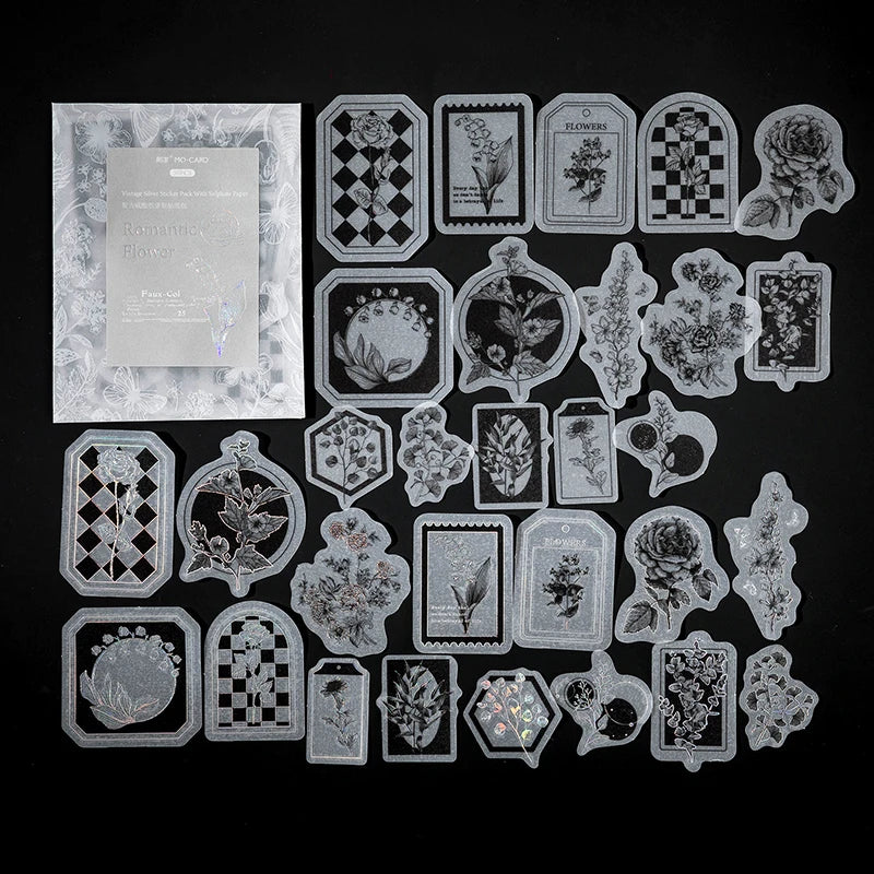 30pcs/pack Vintage Silvery Stickers for Junk Journal DIY Scrapbooking Collage Album Creative Stationery Craft Sticker Qme A