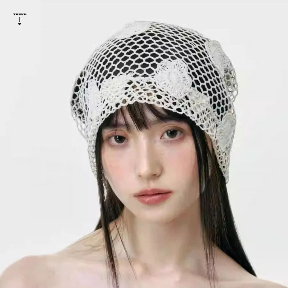 Retro Handmade Crochet Flower Hat Cute Thin Lace Beanies Korean Qme