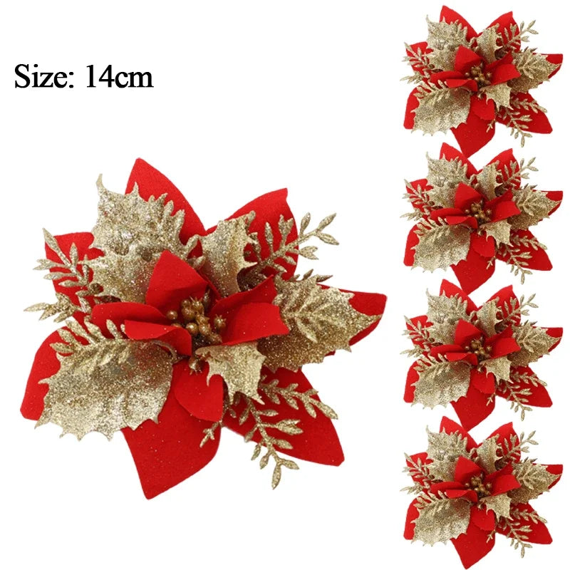 10/1Pc Christmas Glitter Artificial Flowers DIY Christmas Tree Hanging Ornaments Fake Flower For Xmas New Year Party Decor Gifts Qme Gold Red 10pcs