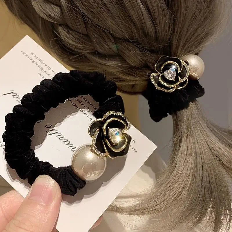 Deluxe Hair Ropes Women Black Pearl Tea Rose Designs Stylish Bands Qme