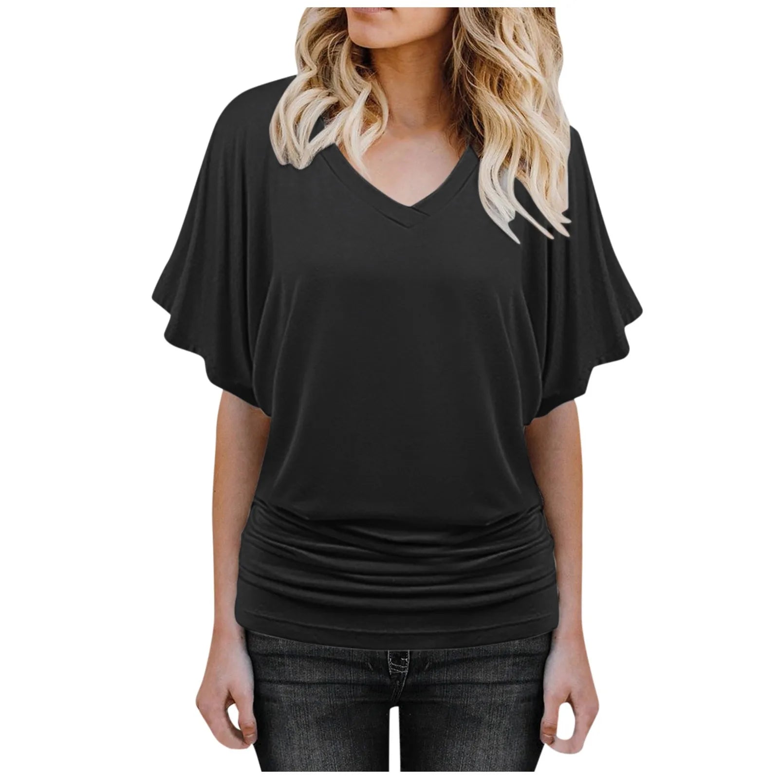 Soft Pleated Summer Bating Short Sleeved V-neck Solid Color T-Shirt Fashionable Classic Soft And Comfortable Daily Top For Lady Qme