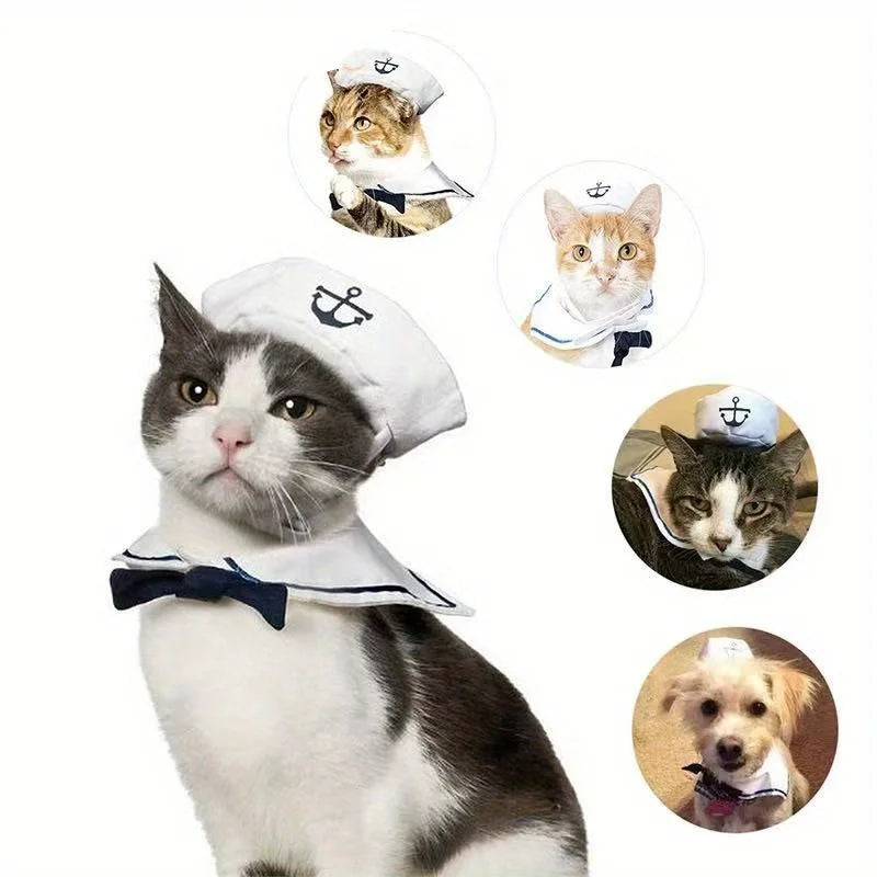 Pet Halloween sailor suit, sailor hat with tie set, cute Halloween party costumes Qme WHITE