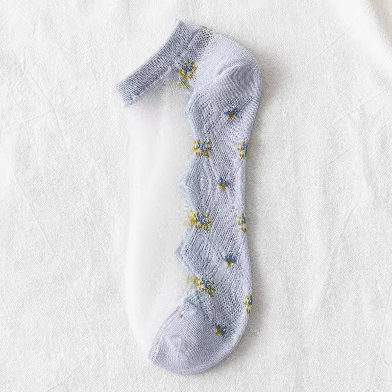 Women Fashion Summer Glass Stockings Thin Small Floral Card Silk Qme One Size blue