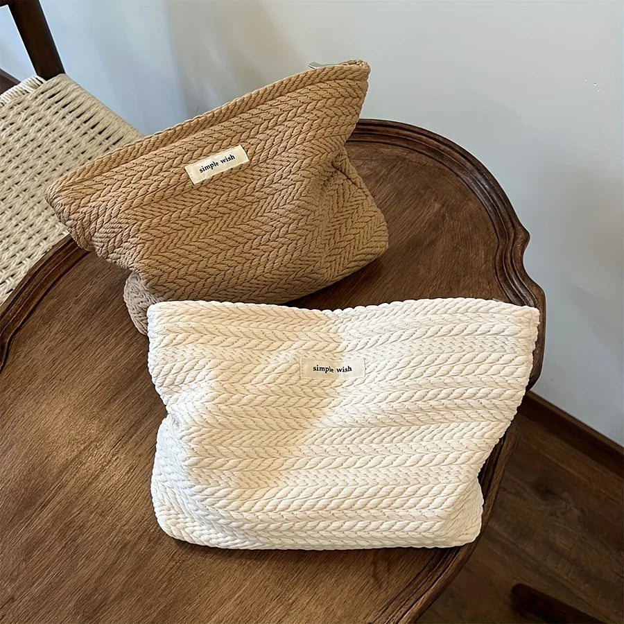 Nordic Style Embossed Weave Makeup Storage Bag Soft Fabric Cosmetic Pouch Portable Travel Toiletry Organizer Purse Qme