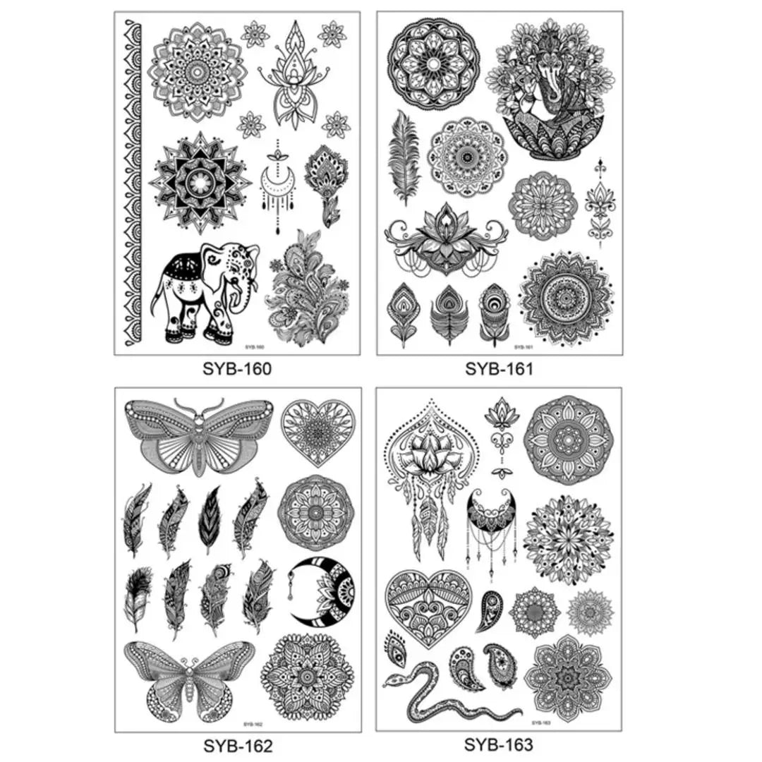 A 4/8 Water Transfer Stickers Mandala Henna Tattoo Stickers Fake Instant Henna Temporary Tattoo Indian Mehndi Flower Waterproof Qme 4pcs SYB-160SYB163