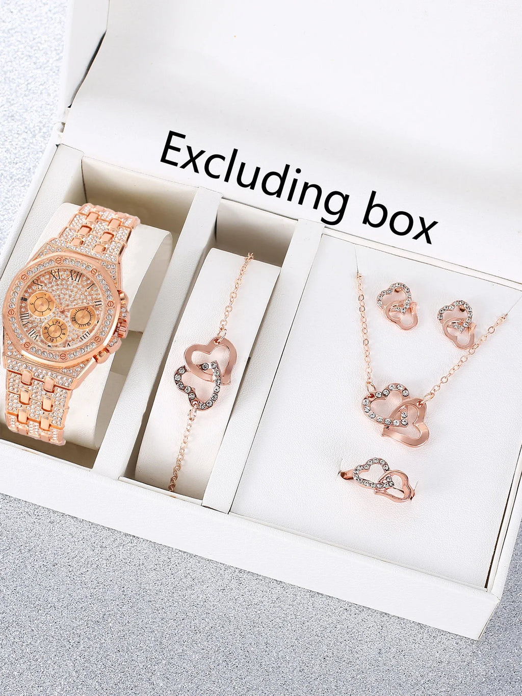 Full Diamond Roman Three Eye Quartz Women's Watch Double Ring Love Set Diamond Necklace Bracelet Earnail Ring Five Pieces Qme