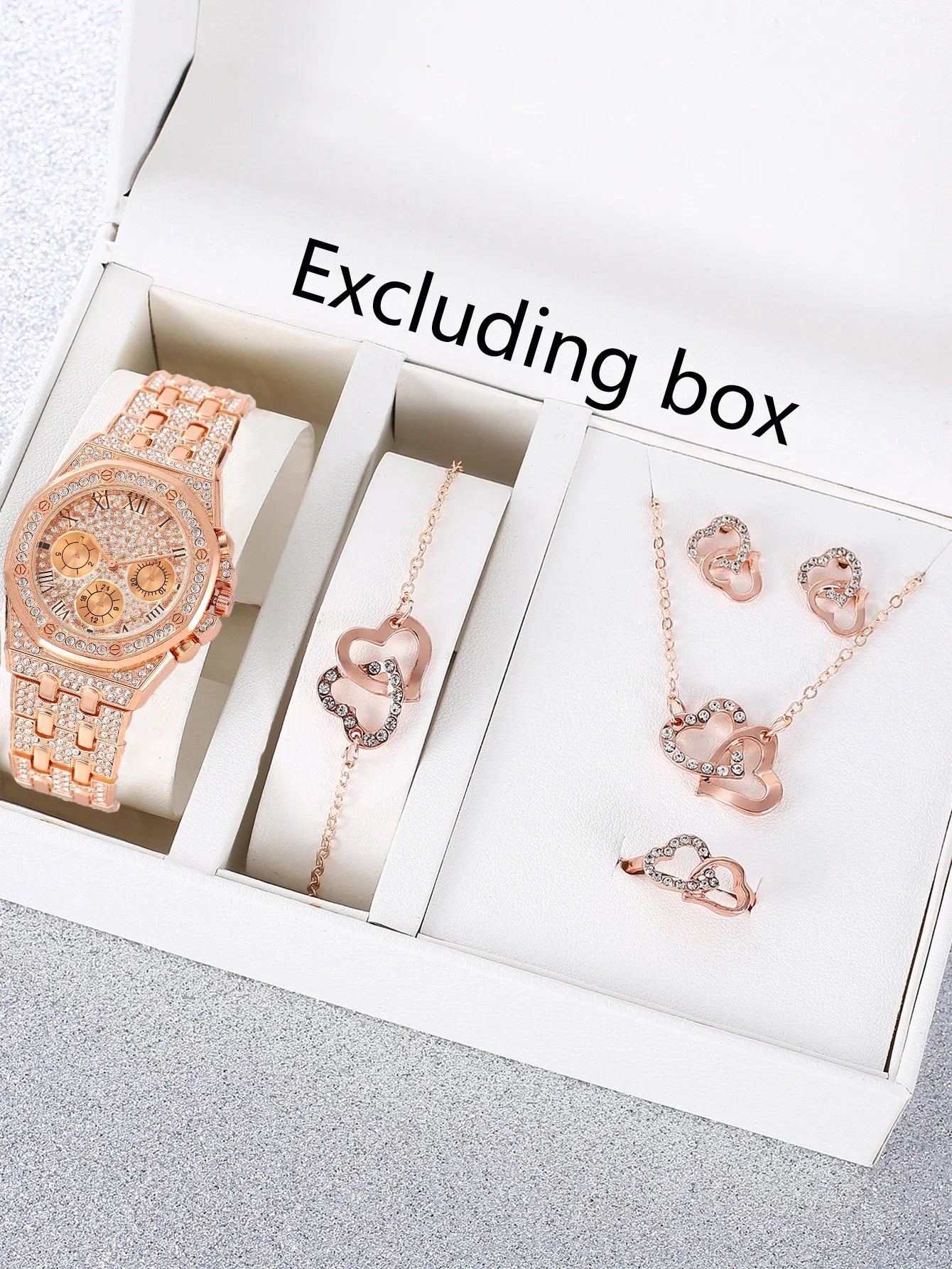 Full Diamond Roman Three Eye Quartz Women's Watch Double Ring Love Set Diamond Necklace Bracelet Earnail Ring Five Pieces Qme
