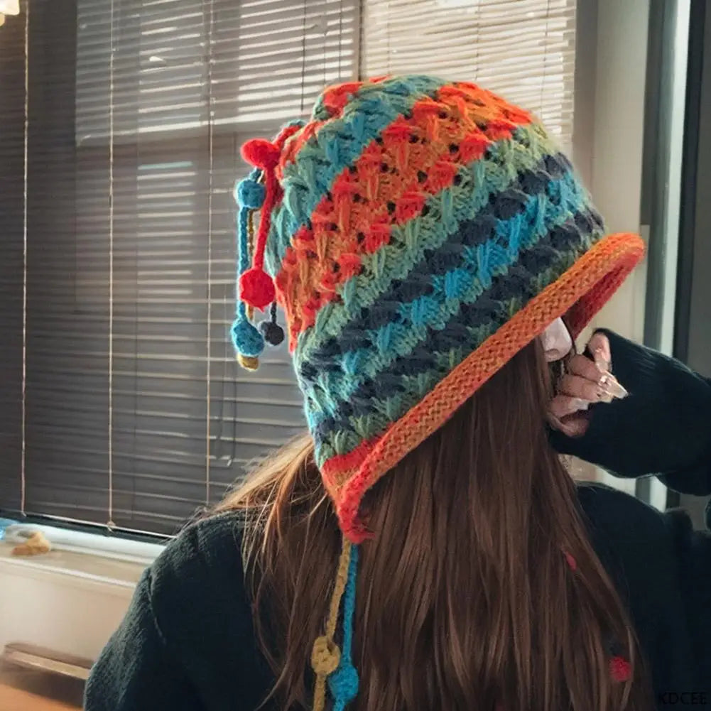 NEW Colorful Rainbow Striped Knit Wool Beanie Hat For Women Winter Warm Crochet Ear Protection Cap Female Snow Windproof Bonnet Qme