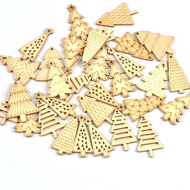 25pcs 5x3cm Unfinished Christmas Tree Wood Pieces Hanging Pendant DIY Handmade Crafts Xms Oranments Party Home Decoration c4116 Qme