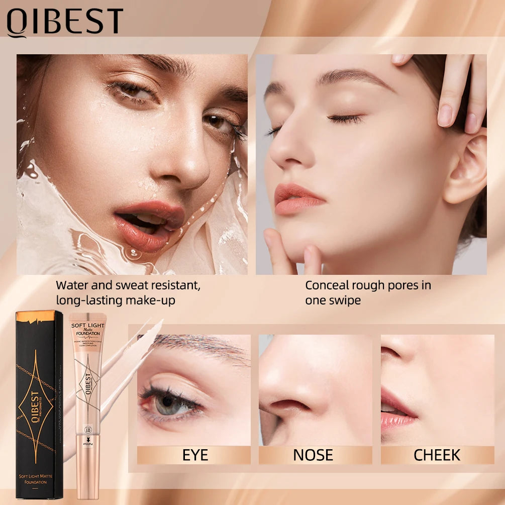 QIBEST Liquid Foundation Cream Waterproof Lasting Oil-control Cover Acne Base Cream Makeup Moisturize Matte Concealer 4 Colors Qme