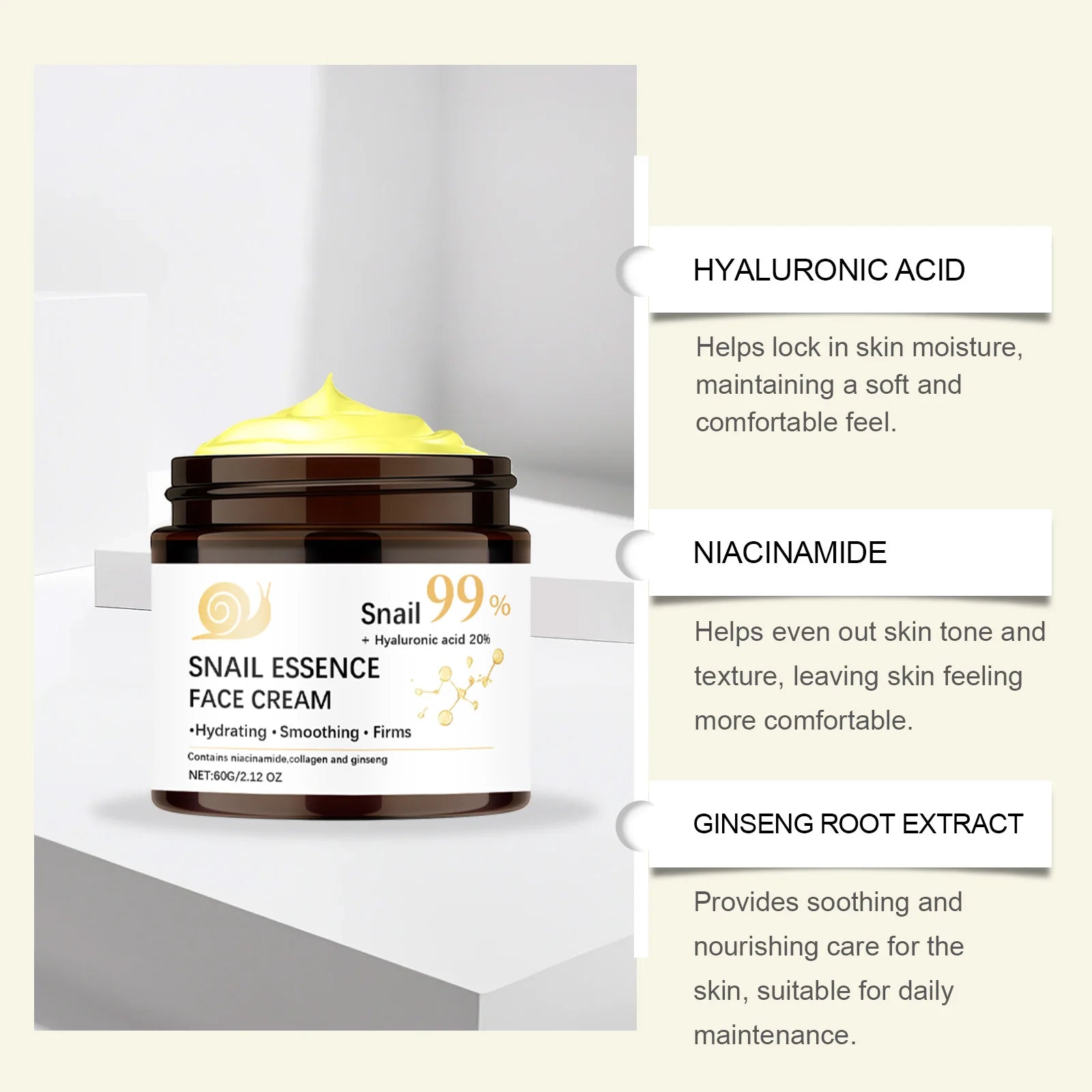 Snail Mucin Face Cream Firming Moisturizing Dry Skin Brightening Anti-Aging Smoothing Fade Fine Lines Soothing Repair Face Cream Qme
