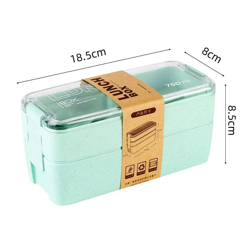 Double-layer Wheat Straw Lunch Box Fork Spoon Microwave Safe Portable Qme 750ML Green