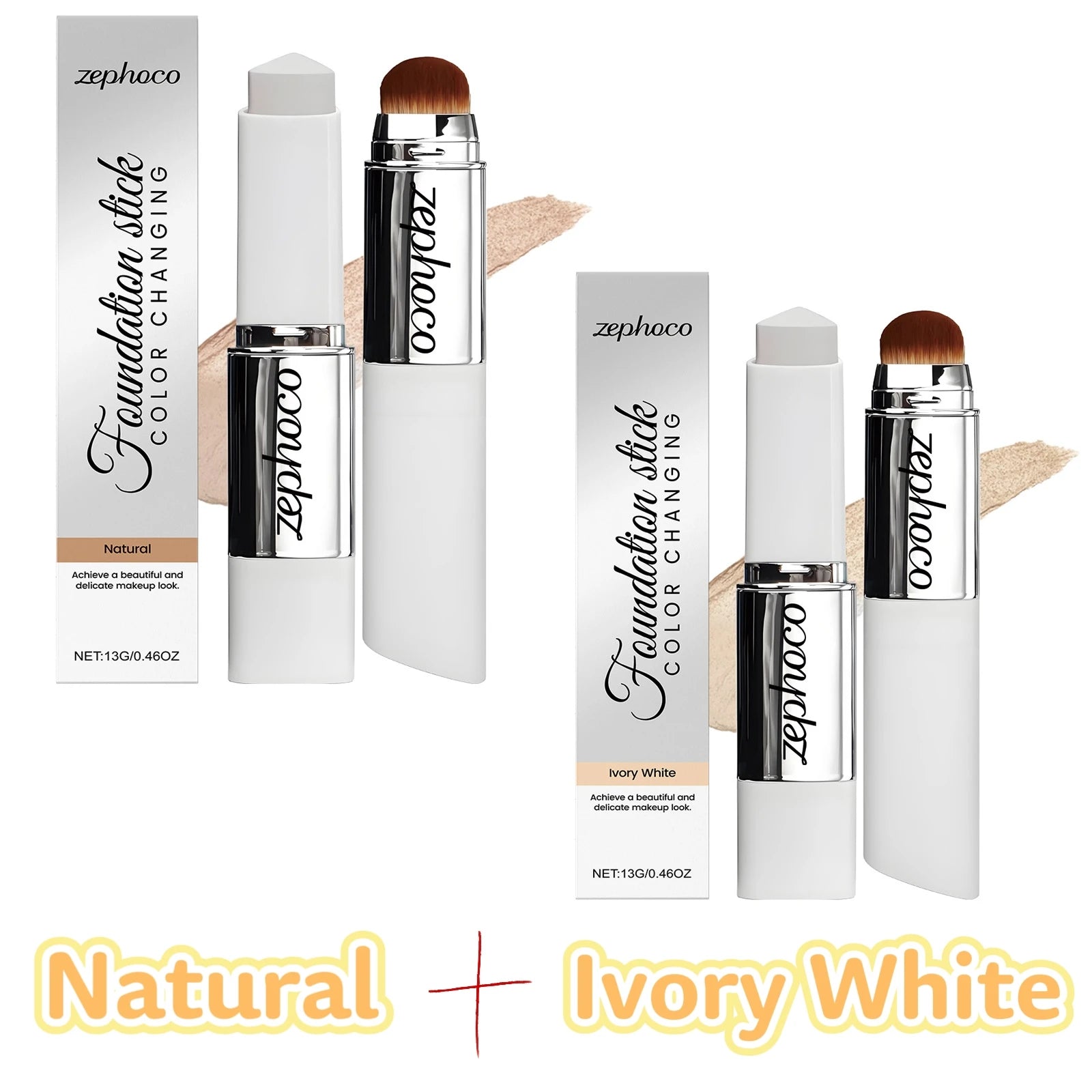 Zephoco Color Changing Foundation Stick Aloe Vera Waterproof Matte High Coverage Makeup Base 2 in 1 Blemish Cover Foundation 13g Qme Set 3