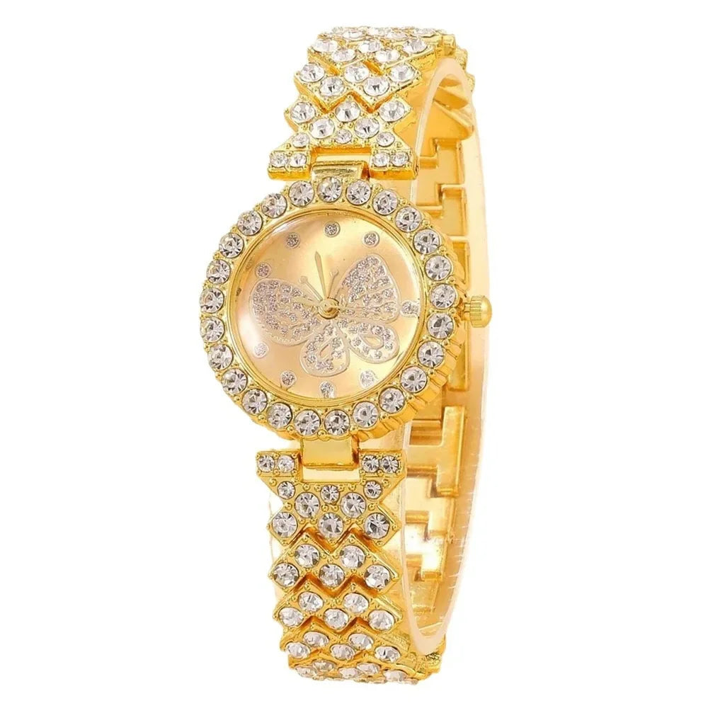 2 Pçs/set Moda Borboleta Dial Mulheres Relógios Luxo Strass Quartzo Relógio de Pulso Pulseira Conjunto Qme