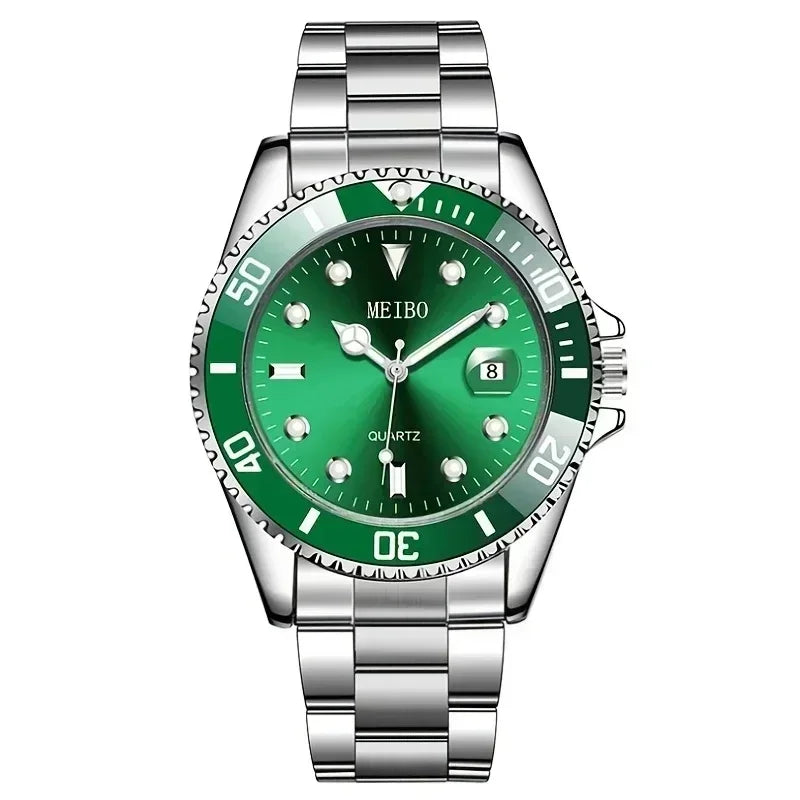 1pc Luxury Men Silver Stainless Steel Water Proof Automatic Luminous Rotatable Bezel Mens Watches Qme