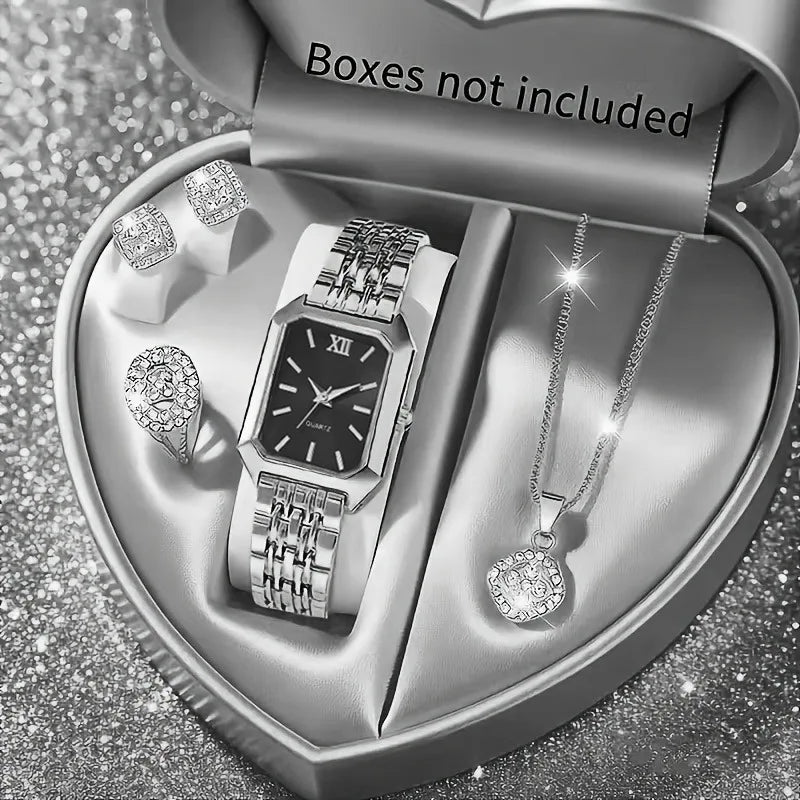 5PCS/Set Elegant Rectangle Women Watches Fashion Roma Dial Ladies Quartz Wristwatch Rhinestone Jewelry Set（Without Box） Qme