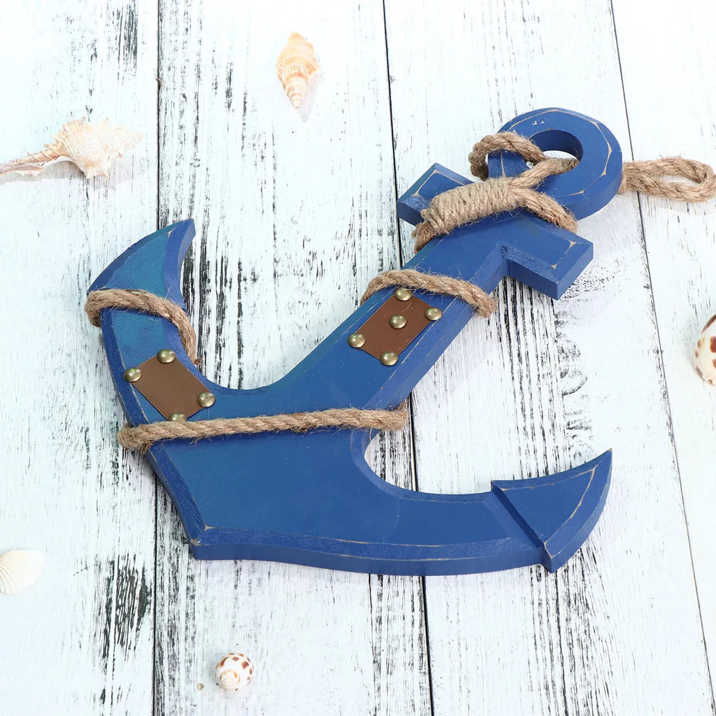 Nautical Anchor Wall Hanging Decor Blue Distressed Finish Wooden Rope Accent Mediterranean Style Ship Anchors Shaped Decor Qme