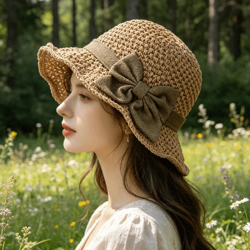 Vintage Wide Brim Beach Straw Hat Bowknot Breathable Sunshade Bucket Qme