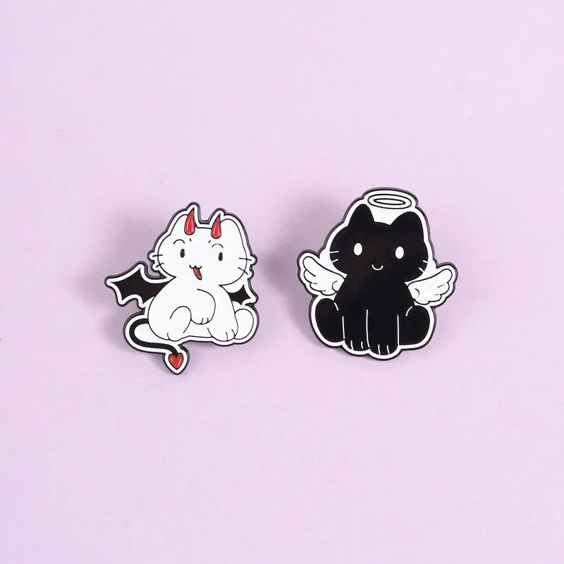 Cute Cartoon Angel And Devil Cat Enamel Pin Lovely Dual Style Kitten Metal Brooch For Backpack Decor Collection Holiday Gifts Qme