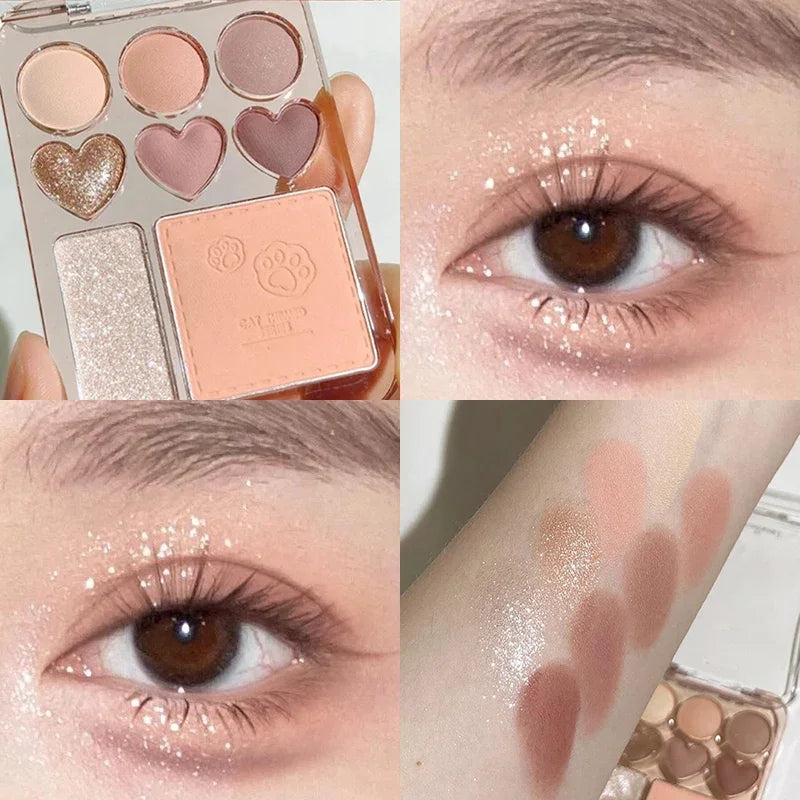8-color Love Heart Eyeshadow Palette Pearly Glitter Shiny Highlighter Shadow Shimmer Gray Pink Blush Eyeshadow Brighten Make Up Qme