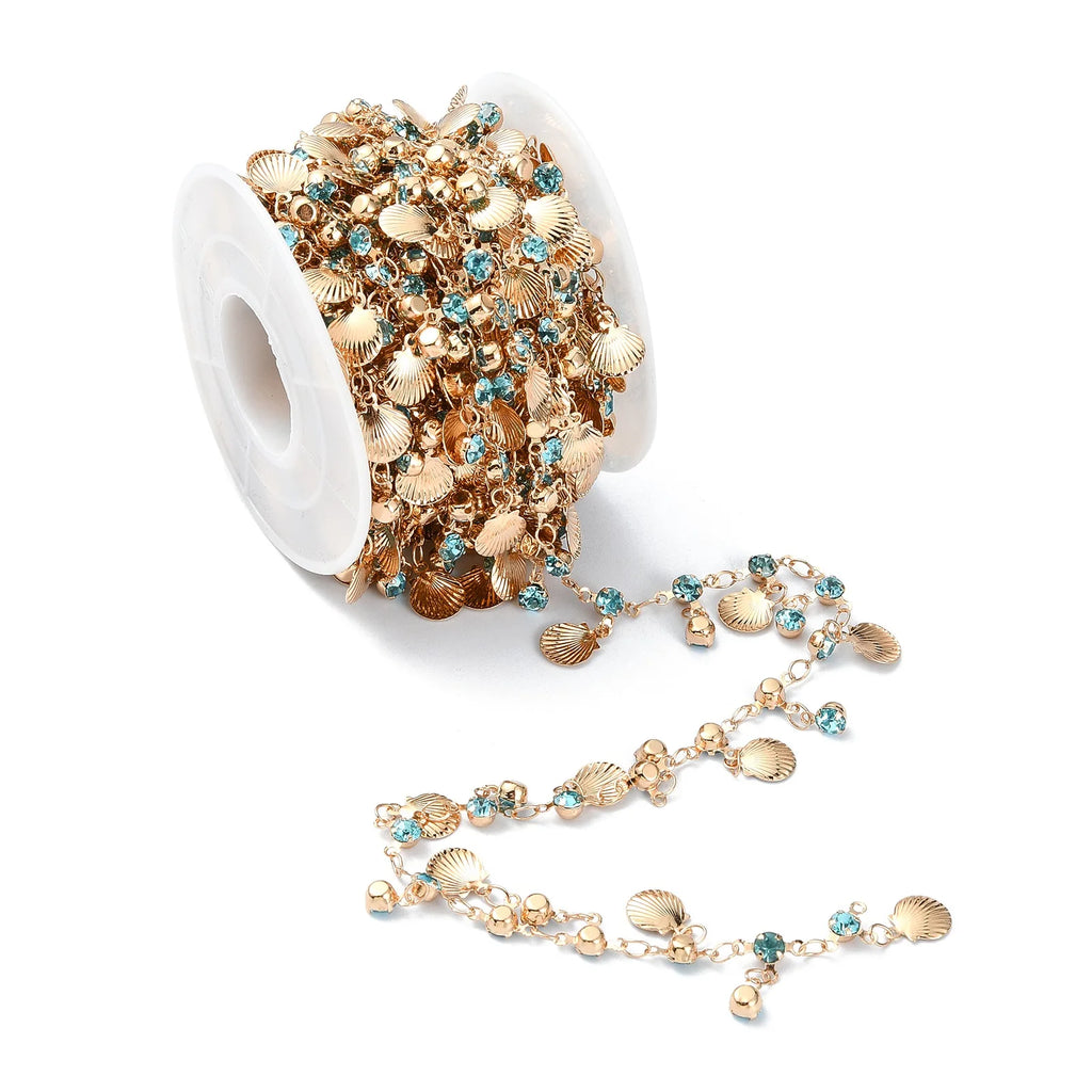 Pandahall 5m Golden Color Brass Jewelry Making Chain Dangle Sea Shell Rhinestone Charms with Spool for DIY Jewelry Supplies Qme