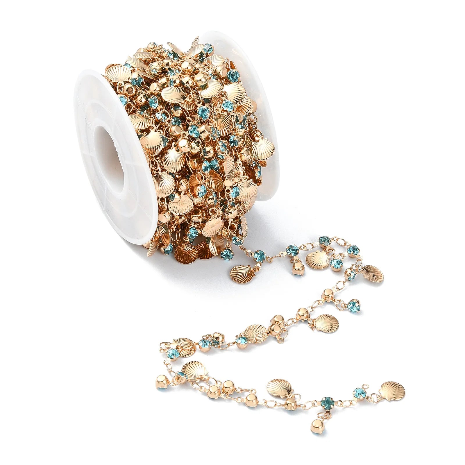 Pandahall 5m Golden Color Brass Jewelry Making Chain Dangle Sea Shell Rhinestone Charms with Spool for DIY Jewelry Supplies Qme