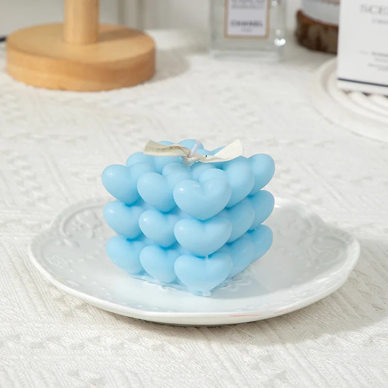 Romantic Heart Cube Fragrance Candle Lovely Bubble Aroma Room Qme blue