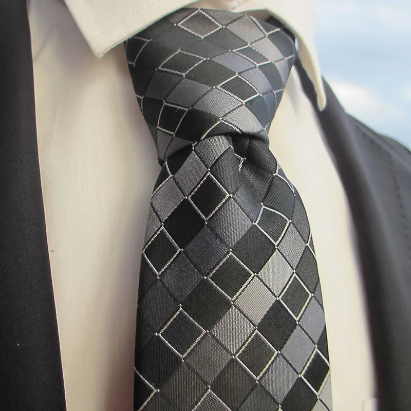 Silk Men Tie Sliver Plaid Solid Grey Wide Luxury Wedding Prom Qme RT13