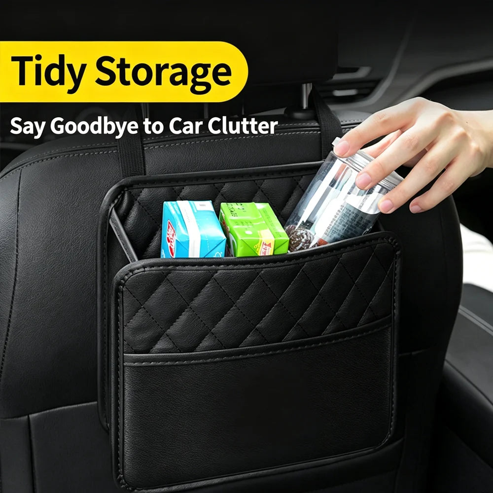 Car Seat Back Leather Organizer Bag Multi-Functional Storage with Garbage Can & Trash Bag Holder for Most Cars Qme