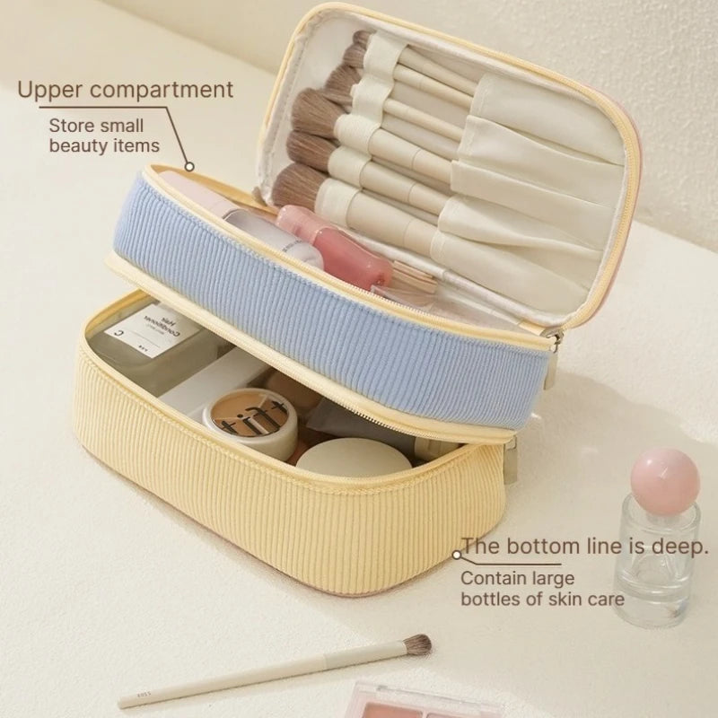 A New double-layer makeup bag, corduroy travel partition makeup brush storage bag, handheld large capacity toiletry bag Qme