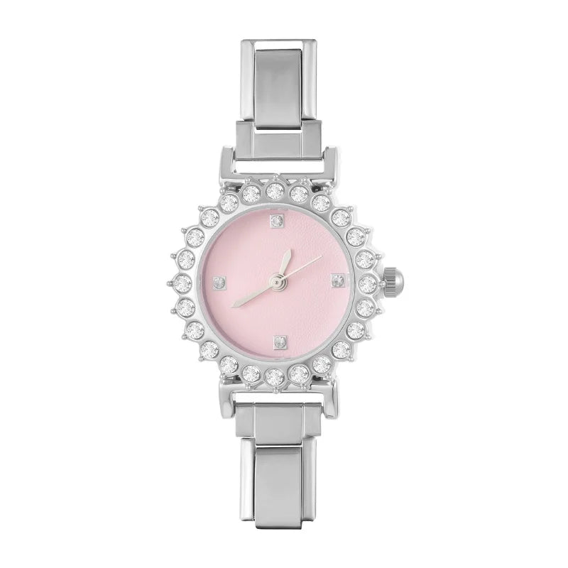 Fashion Women's Stainless Steel Round Shiny Zircon Watch DIY 9mm Width Bracelet Head For Party Friend Birthday DIY Jewelry Gift Qme S 29