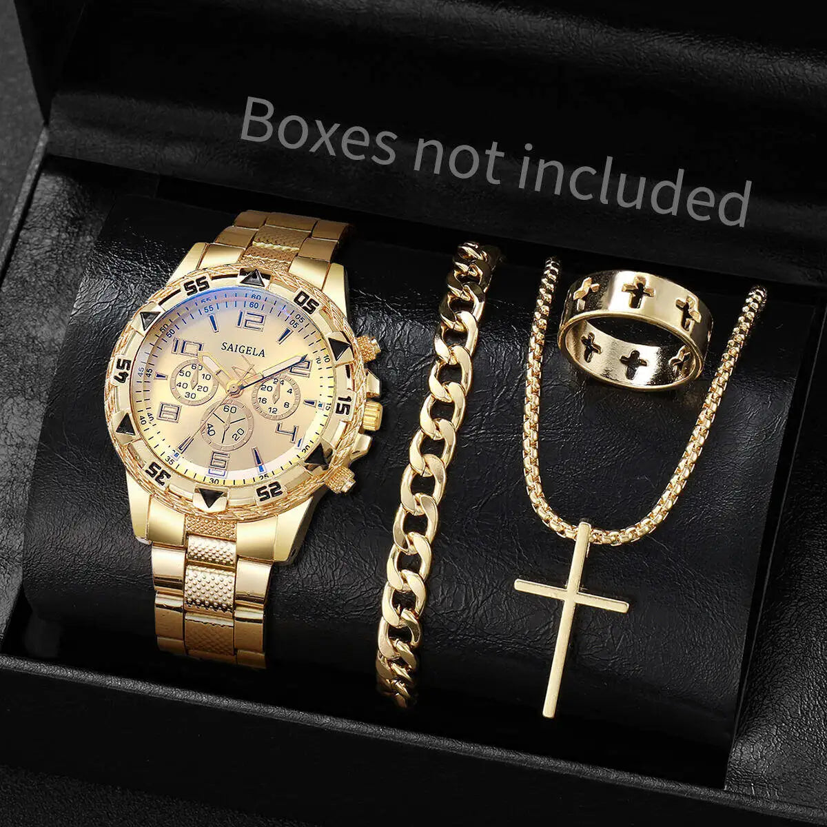 4PCS Blue light glass men's business watch with steel strap, quartz watch, multifunctional digital scale, three eye watch set Qme Gold Gold No Box