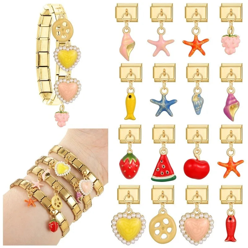 New Lotus Root Slices Stars Apple Gold Color Pendant Italian Charm Links Fit 9mm Stainless Steel Bracelet Women DIY Making Gifts Qme