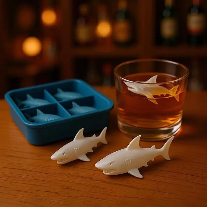 Silicone Ice Cube Tray Whiskey Party Drinks Shark Mold Blue 4-Cavity Qme