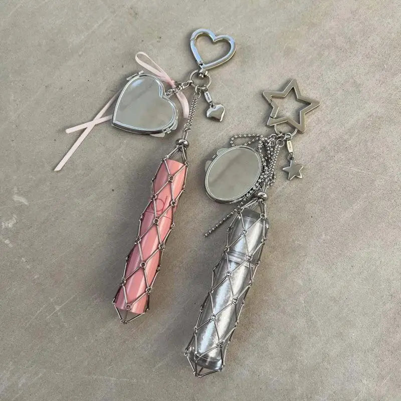 Metal Net Pocket Lipstick Cover Keychain Portable Pouch Lip Balm Bag Qme