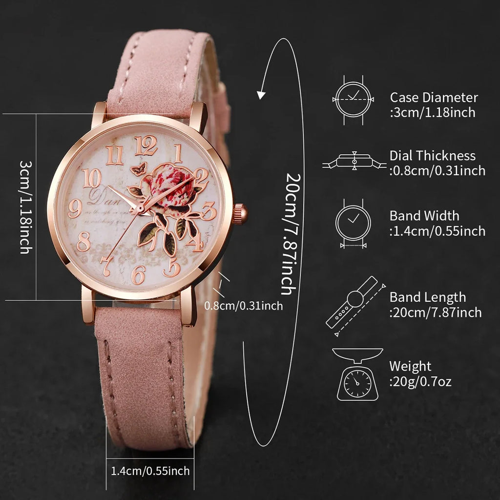 PU leather strap women's quartz watch pink dial, pink strap set, 6-piece set Qme