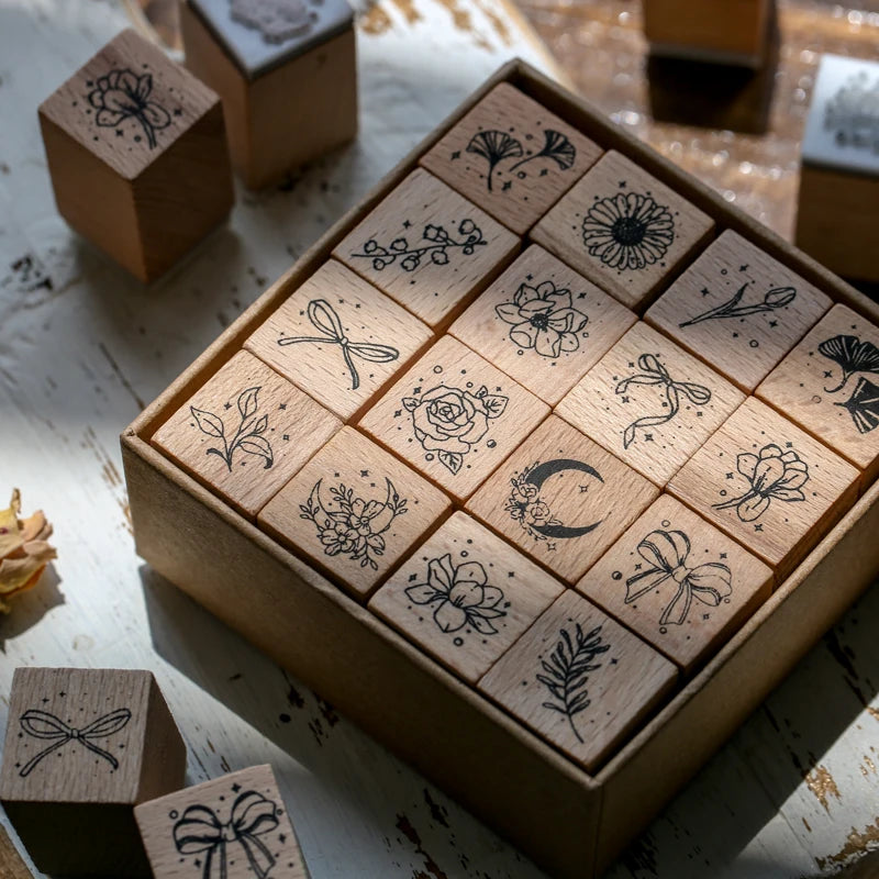 Forest Style Floral & Plant Wooden Stamp Set 16PCS/Box, Decor for Junk Journals, Greeting Cards & Envelopes Qme