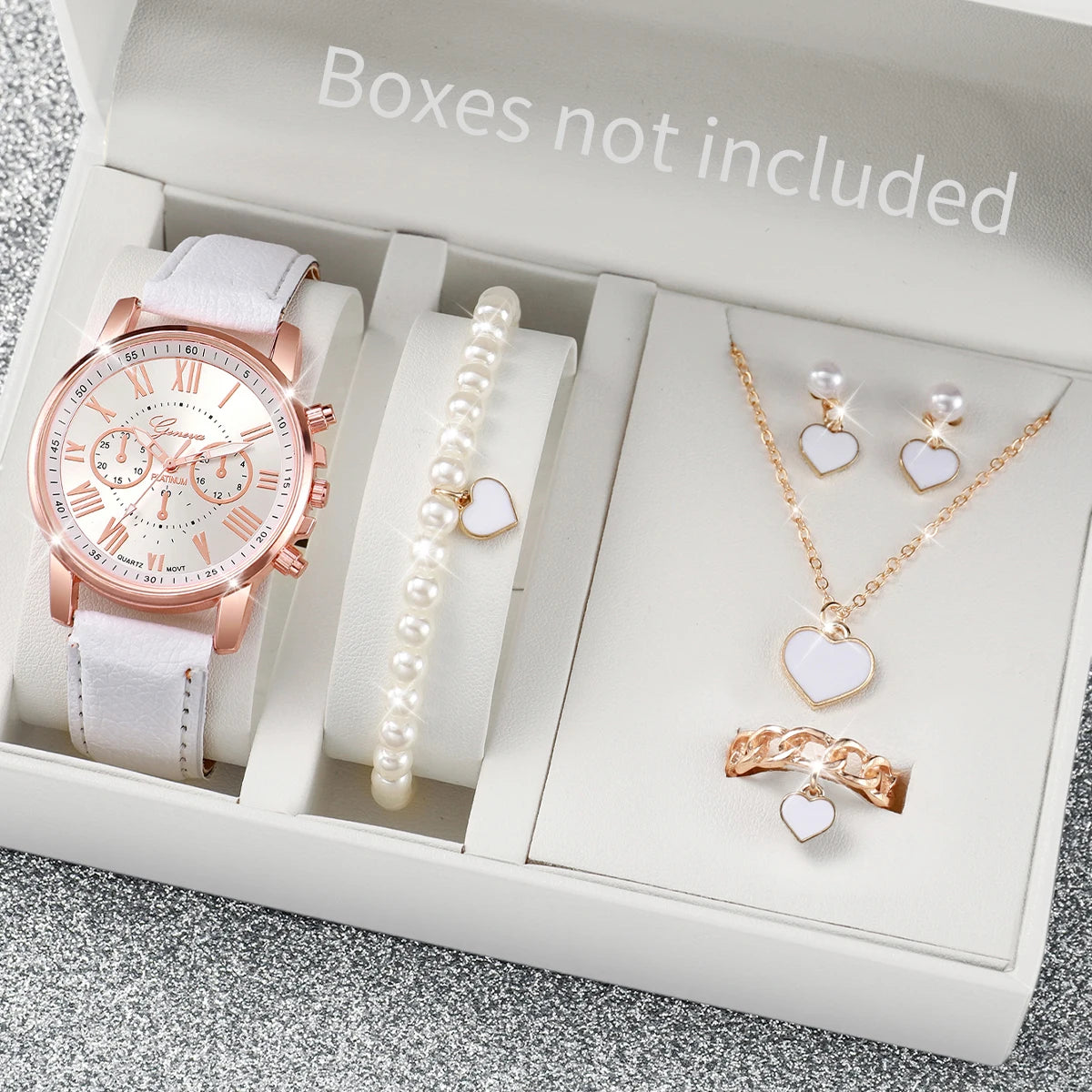 5Pcs Pink Heart Crystal Watch Jewelry Set Women Roman Dial Leather Chronograph Quartz Wristwatch Matching Heart Jewelry Gift Qme G Without Box