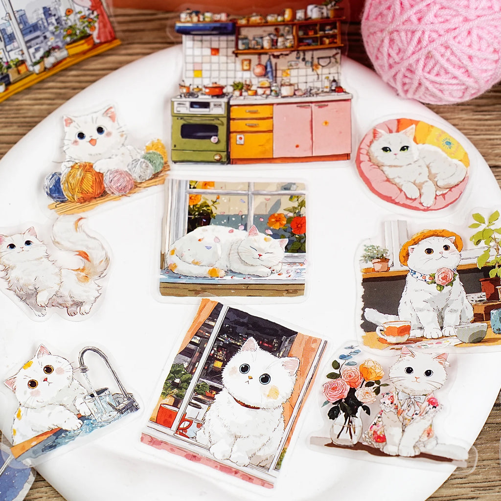 15Sheets/Bag Kawaii Cute Cartoon Cat Pet Theme PET Stickers for DIY Craft Scrapbooking Guitar Phone Case Laptop Water Bottle Dec Qme