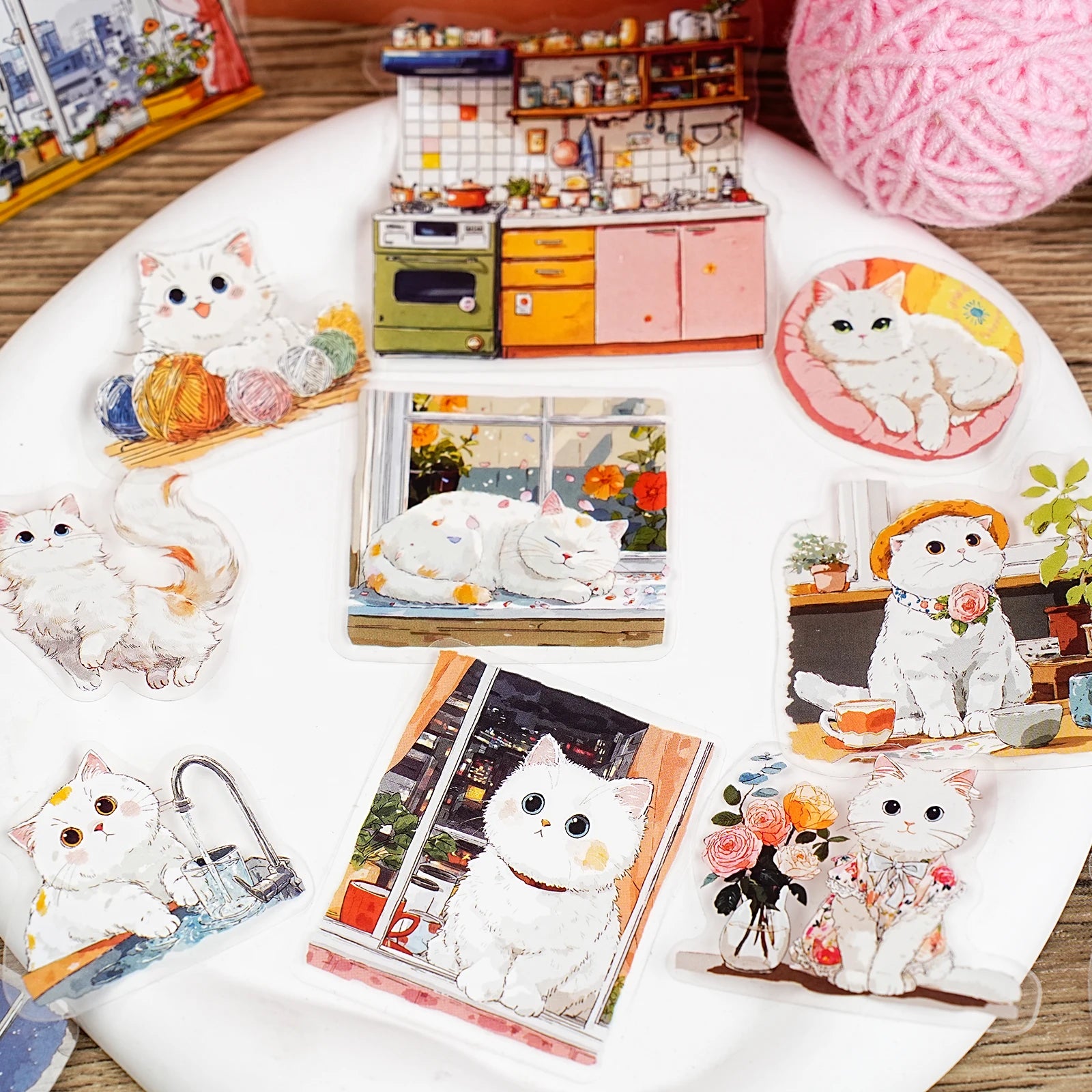 15Sheets/Bag Kawaii Cute Cartoon Cat Pet Theme PET Stickers for DIY Craft Scrapbooking Guitar Phone Case Laptop Water Bottle Dec Qme