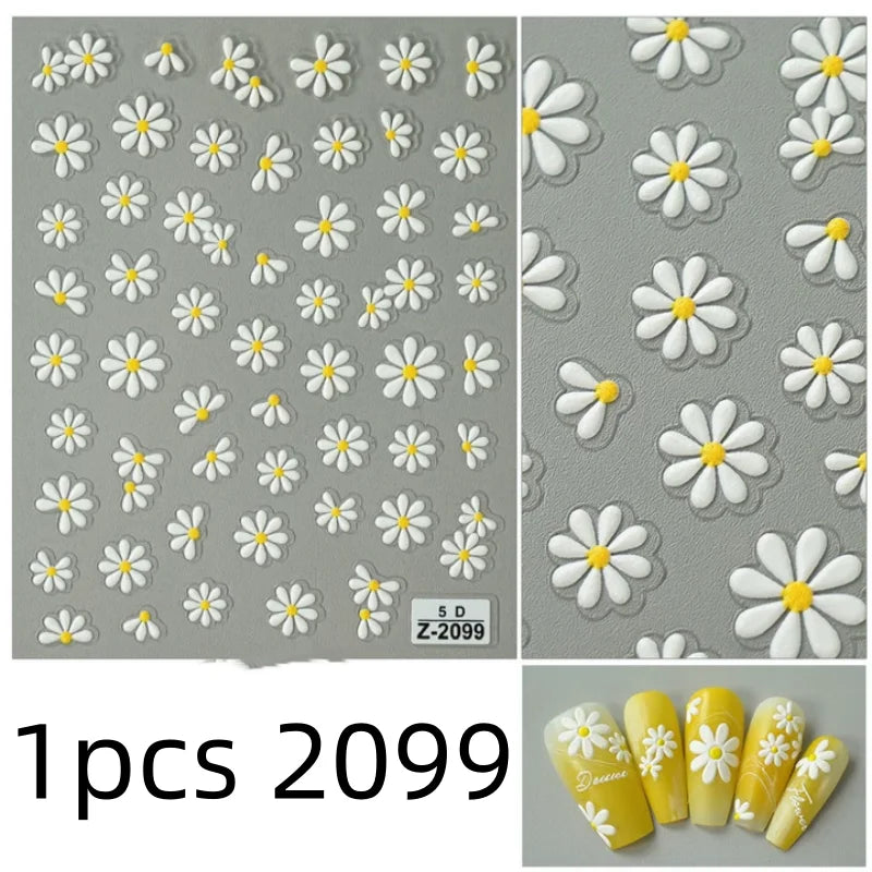 5D Flower Daisy Embossed Stickers Nail Sliders Decals White Florals
