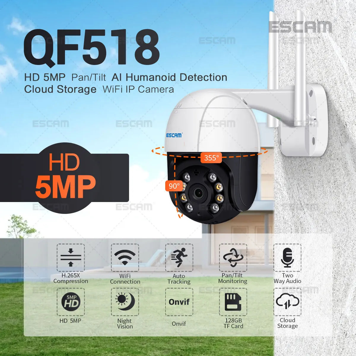 ESCAM QF518 5MP Pan/Tilt AI Humanoid Detection Auto Tracking Cloud Storage WiFi IP Camera with Two Way Audio Night Vision Qme QF518 add 32G AU Plug