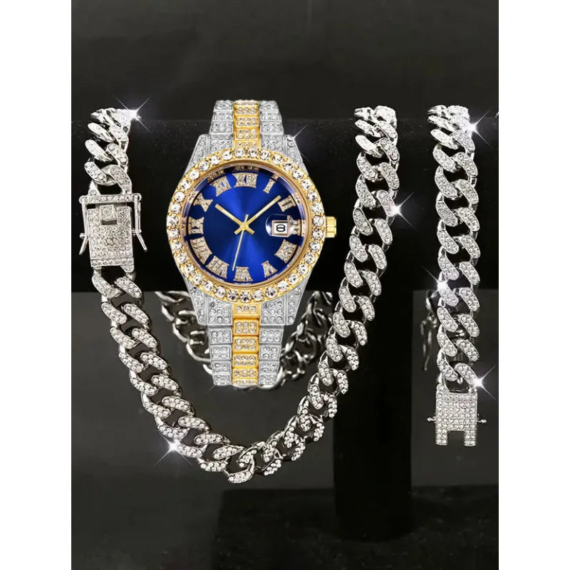 Men's Hip Hop Iced Out Jewelry Combo, Two-tone Gold Silver Plated Diamond Watch + Cuban Chain + Bracelet, Fashion Accessory Qme Brown