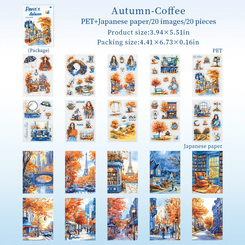 20 Sheets Paris Autumn Series Travel Theme Dual Material Sticker Book for DIY Scrapbooking Photo Frame Collage Decoration Qme 2