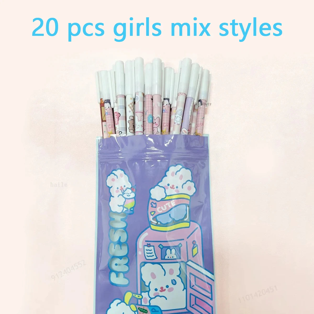 20Pcs/set Kawaii Erasable Gel Pen 0.5mm Blue Washable Handle Cute Cartoons Erasable Pen for School Pen Liquid Ballpoint Pen Qme 20 girls styles