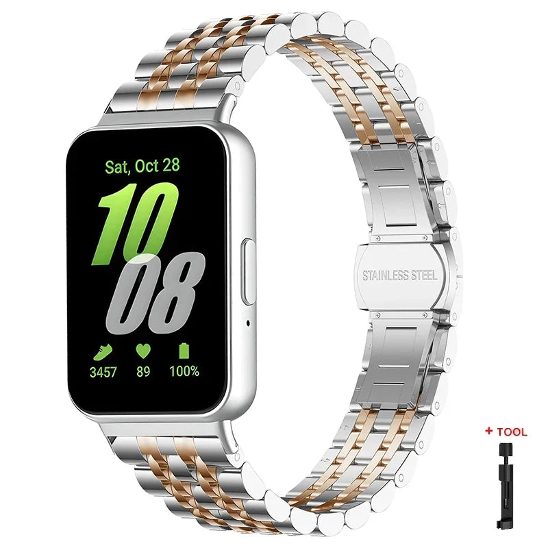 Stainless Steel Strap For Samsung Galaxy Fit 3 Metal Bracelet Luxury Bussiness Band For Samsung Galaxy Fit3 SM-R390 Accessories Qme Sivler RG-Tool For Galaxy Fit3