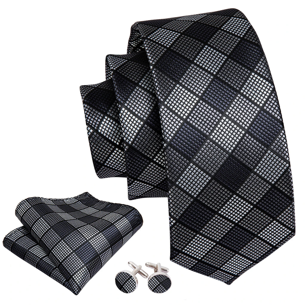 Hi-tie Grey Pink Red Plaids Geometric Tie Men Hanky Cufflink Fashion Qme